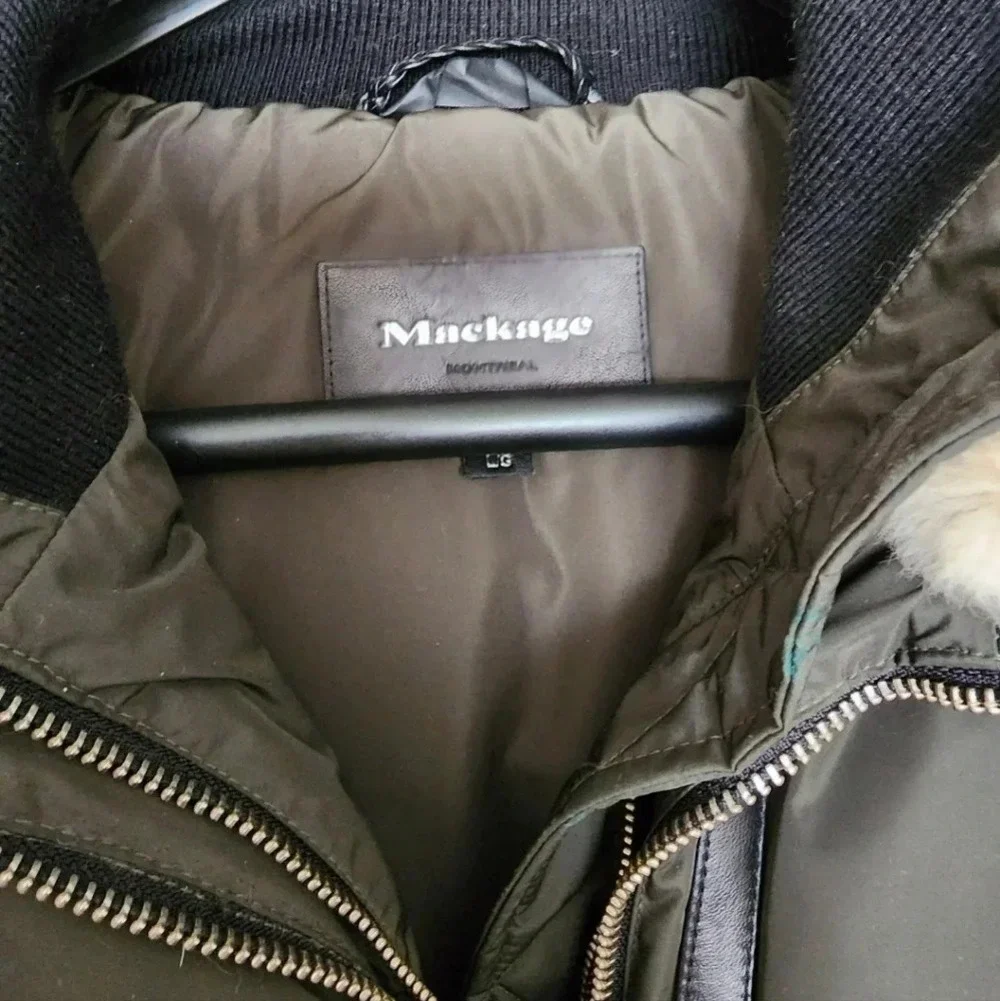 Mackage Long Coat Harley Army Khaki Raccoon Rabbit Down Filled Leather L - Picture 4 of 16